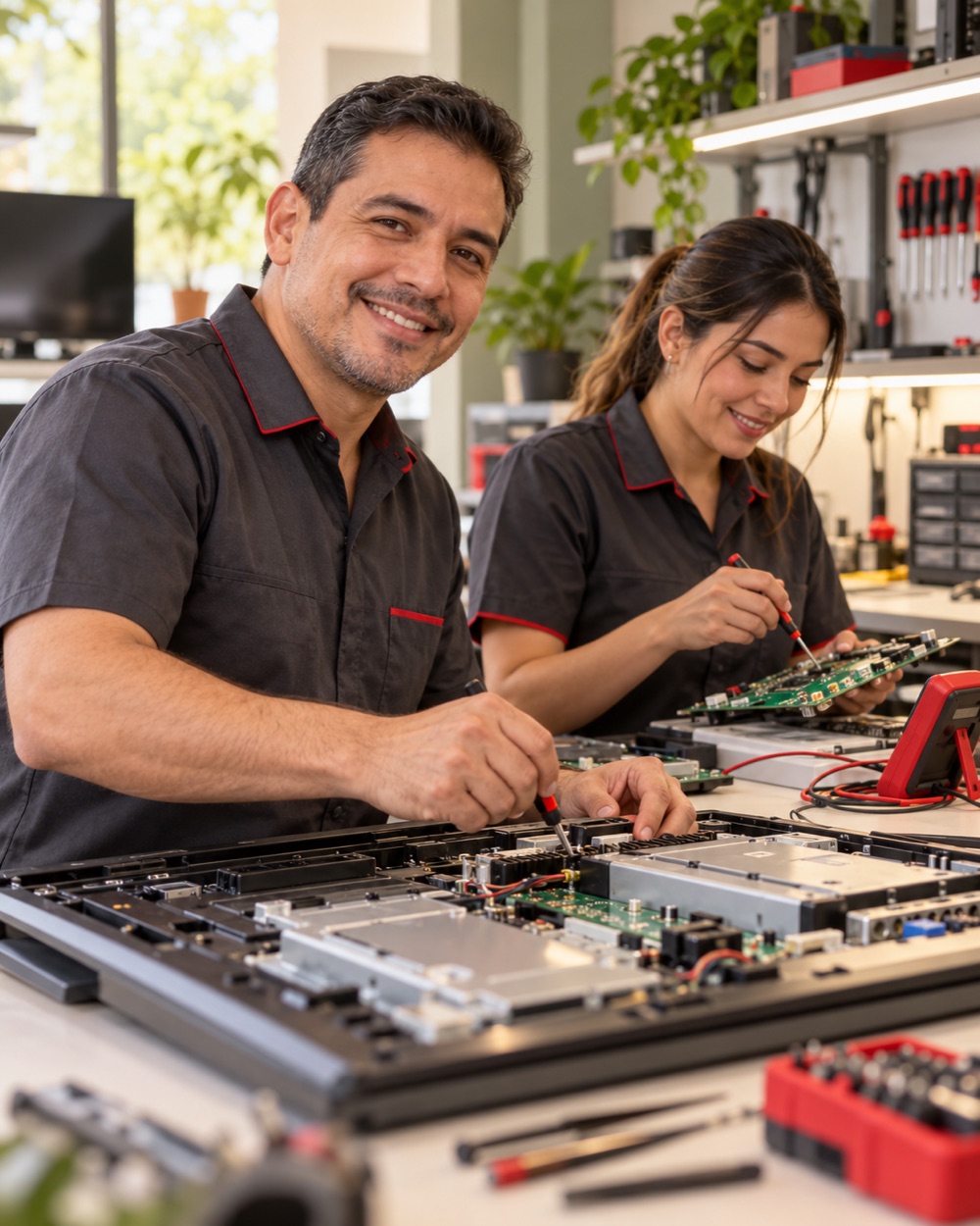 Imagen ilustrativa de técnicos especialistas revisando equipos electrónicos